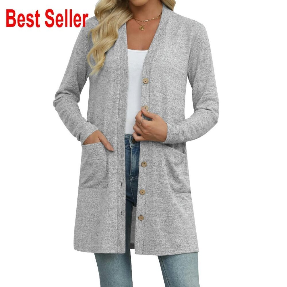Lightweight Long Sleeve Cardigan V Neck Open Front Pockets Casual Chic
